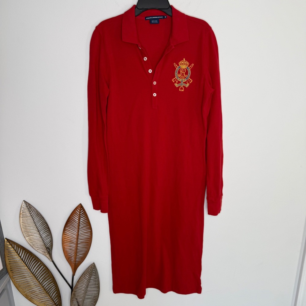 A14 Ralph Lauren Sport Red Long Sleeve Polo Dress Embroidered Crest Button S